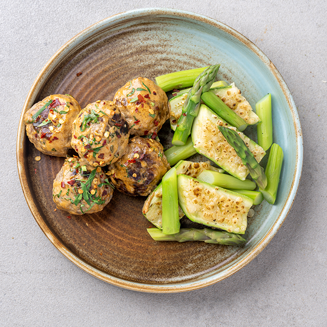 Cheddar & Beef Meatball With Marrow & Asparagus Mix